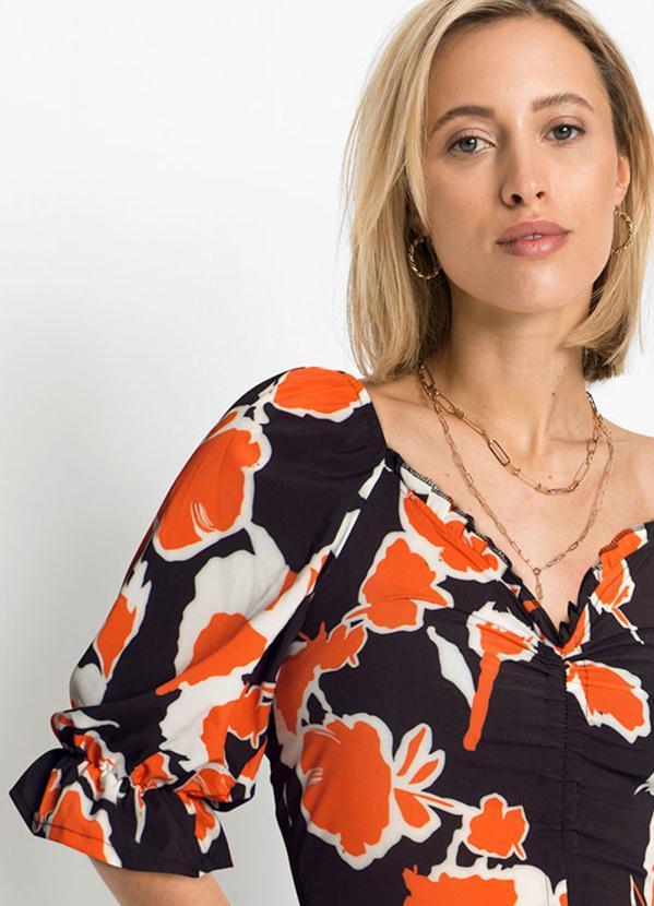 Outlet - Blusa Manga Curta com Amarração Floral Laranja 10