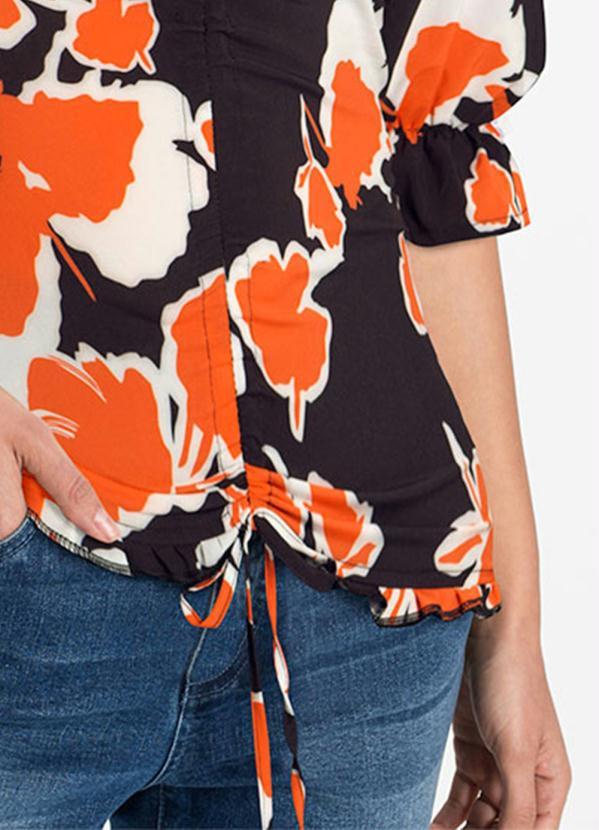 Outlet - Blusa Manga Curta com Amarração Floral Laranja 9