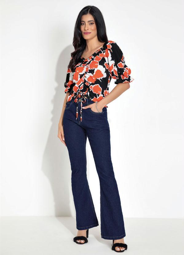 Outlet - Blusa Manga Curta com Amarração Floral Laranja 8