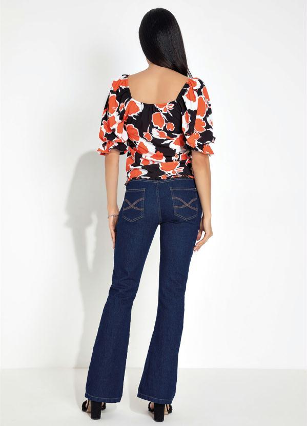 Outlet - Blusa Manga Curta com Amarração Floral Laranja 7