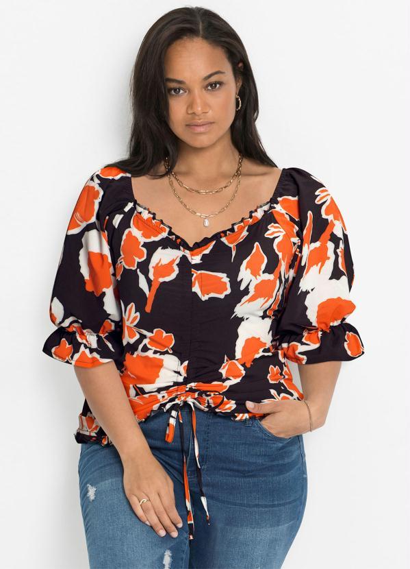 Outlet - Blusa Manga Curta com Amarração Floral Laranja 6