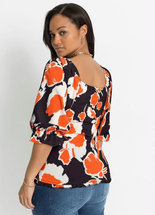 Outlet - Blusa Manga Curta com Amarração Floral Laranja 5