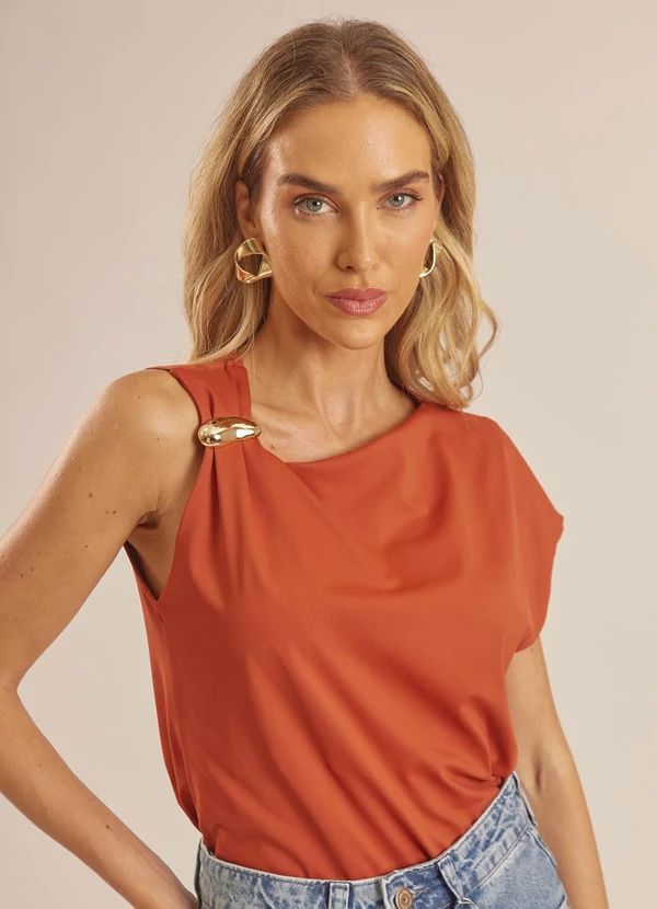 Doce Trama - Blusa Manga Curta com Aplique Orgânico Laranja
