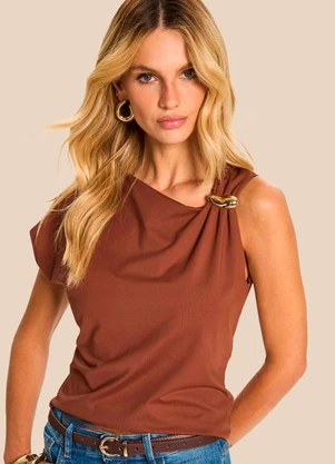 Doce Trama - Blusa Manga Curta com Aplique Orgânico Marrom - DOCE TRAMA