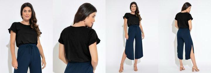 Blusa Manga Curta com Babados Preta