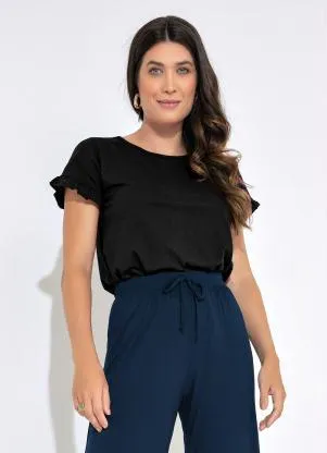 bonprix - Blusa Manga Curta com Babados Preta - BONPRIX