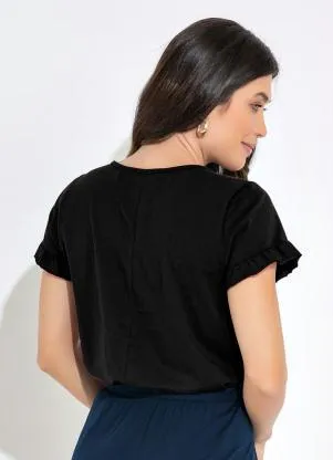 bonprix - Blusa Manga Curta com Babados Preta - BONPRIX