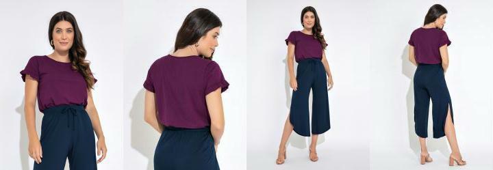 Blusa Manga Curta com Babados Roxo Fcsia