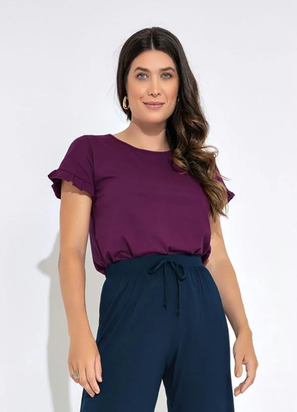 bonprix - Blusa Manga Curta com Babados Roxo Fúcsia