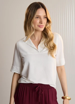 Lunender - Blusa Manga Curta com Gola em Malha Off White - LUNENDER