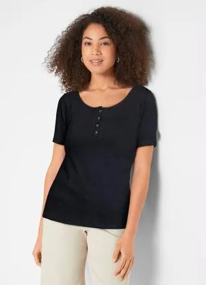 bonprix - Blusa Manga Curta com Peitilho Preta - BONPRIX