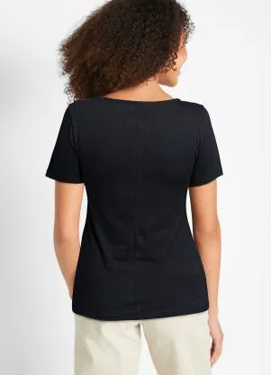 bonprix - Blusa Manga Curta com Peitilho Preta - BONPRIX