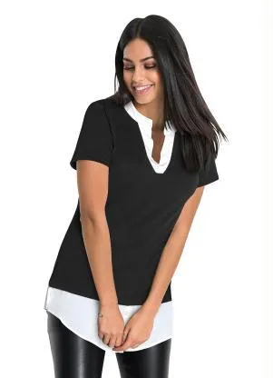 bonprix - Blusa Manga Curta com Visual Duplo Preta - BONPRIX