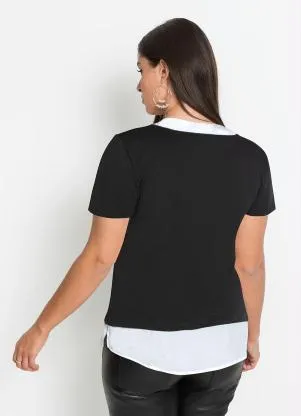 bonprix - Blusa Manga Curta com Visual Duplo Preta - BONPRIX