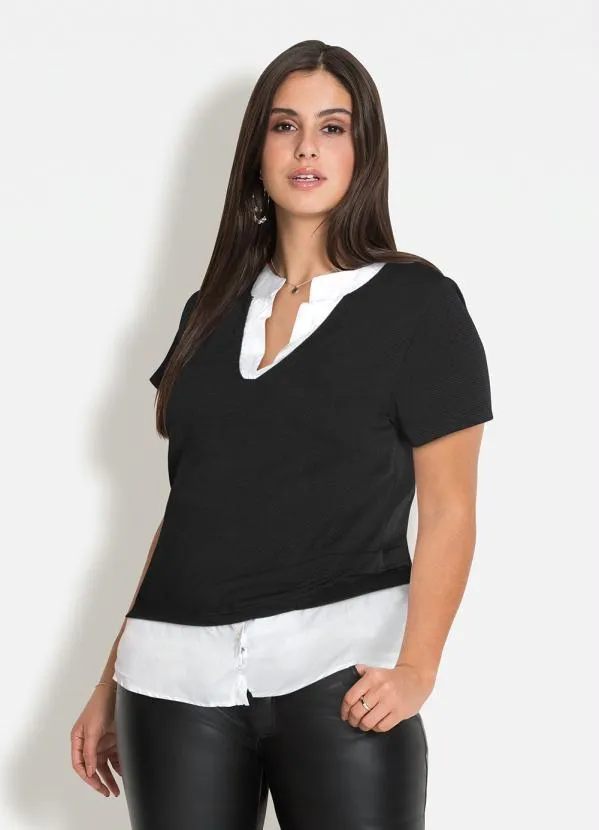 bonprix - Blusa Manga Curta com Visual Duplo Preta 4