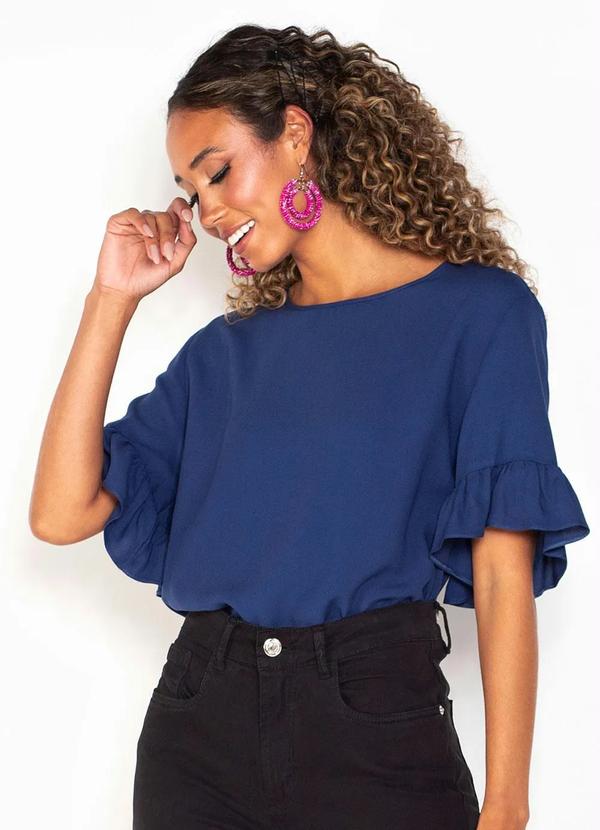 Lança Perfume - Blusa Manga Curta de Viscose com Babados Azul