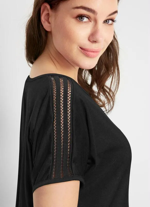 bonprix - Blusa Manga Curta Decote Redondo Preta 2