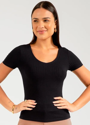 Cativa - Blusa Manga Curta em Canelado Preto - CATIVA