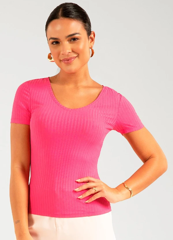 Cativa - Blusa Manga Curta em Canelado Rosa