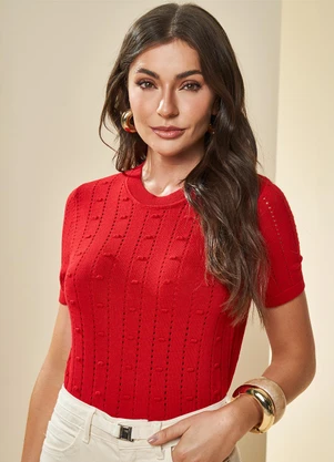 Doce Trama - Blusa Manga Curta em Malha Tricot Vermelho - DOCE TRAMA