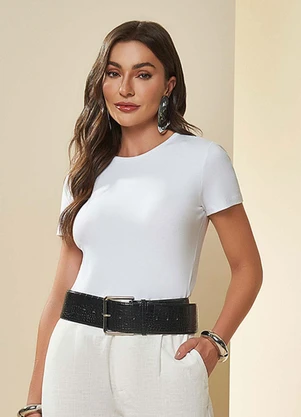 Doce Trama - Blusa Manga Curta em Ribana Branco - DOCE TRAMA