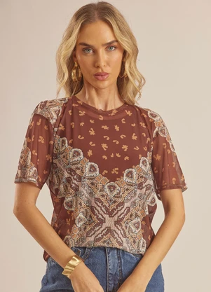 Doce Trama - Blusa Manga Curta em Tule Estampado Marrom - DOCE TRAMA