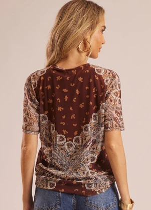 Doce Trama - Blusa Manga Curta em Tule Estampado Marrom - DOCE TRAMA