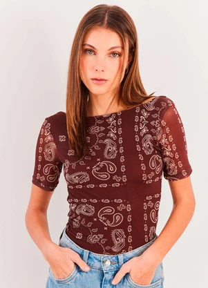 Sofie - Blusa Manga Curta em Tule Spring Flow Marrom - SOFIE