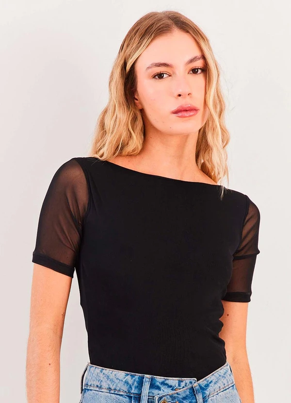 Sofie - Blusa Manga Curta em Tule Spring Flow Preto