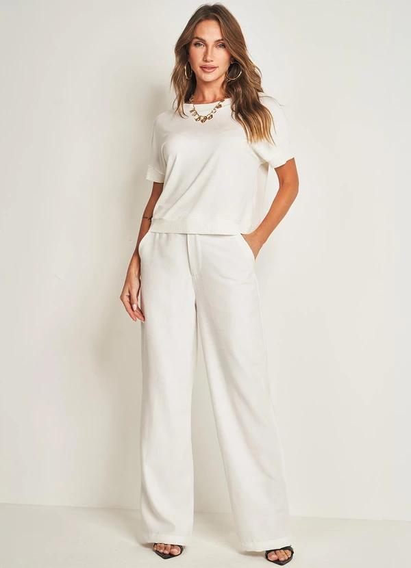 Doce Trama - Blusa Manga Curta em Viscose e Ribana Branco 3