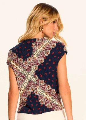 Doce Trama - Blusa Manga Curta Estampada Mosaico Azul - DOCE TRAMA