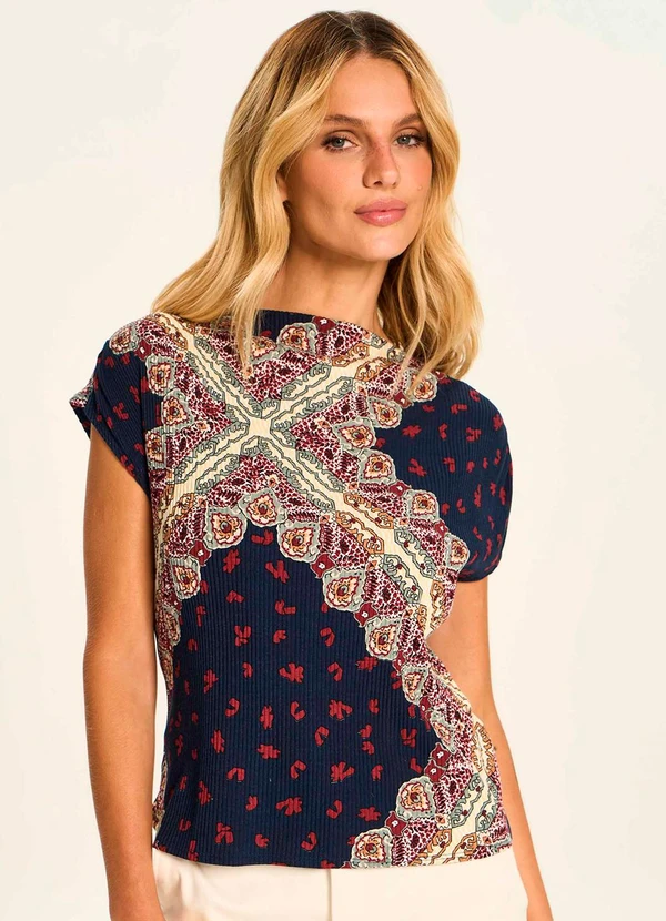 Doce Trama - Blusa Manga Curta Estampada Mosaico Azul