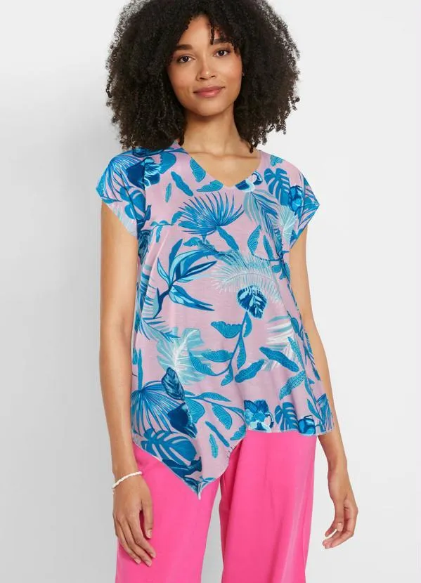 Outlet - Blusa Manga Curta Folhagem Rosa