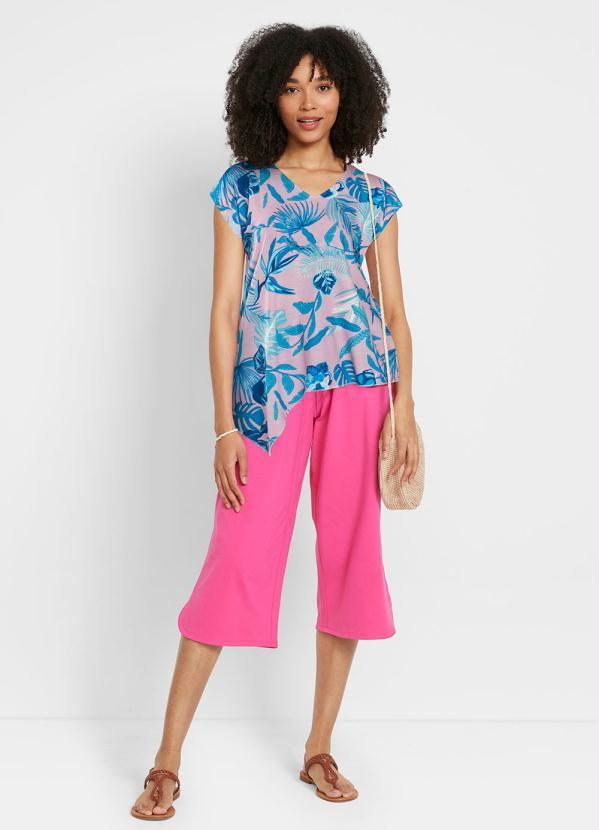 Queima Estoque - Blusa Manga Curta Folhagem Rosa 3