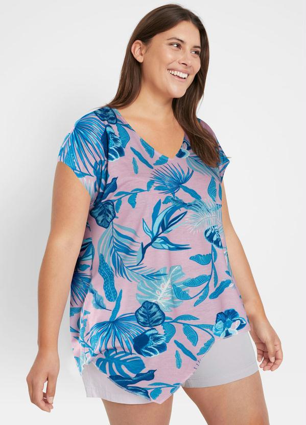 Queima Estoque - Blusa Manga Curta Folhagem Rosa 4