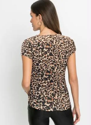 bonprix - Blusa Manga Curta Onça Marrom - BONPRIX