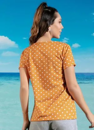 Moda Pop - Blusa Manga Curta Poá Caramelo com Gota - MODA POP