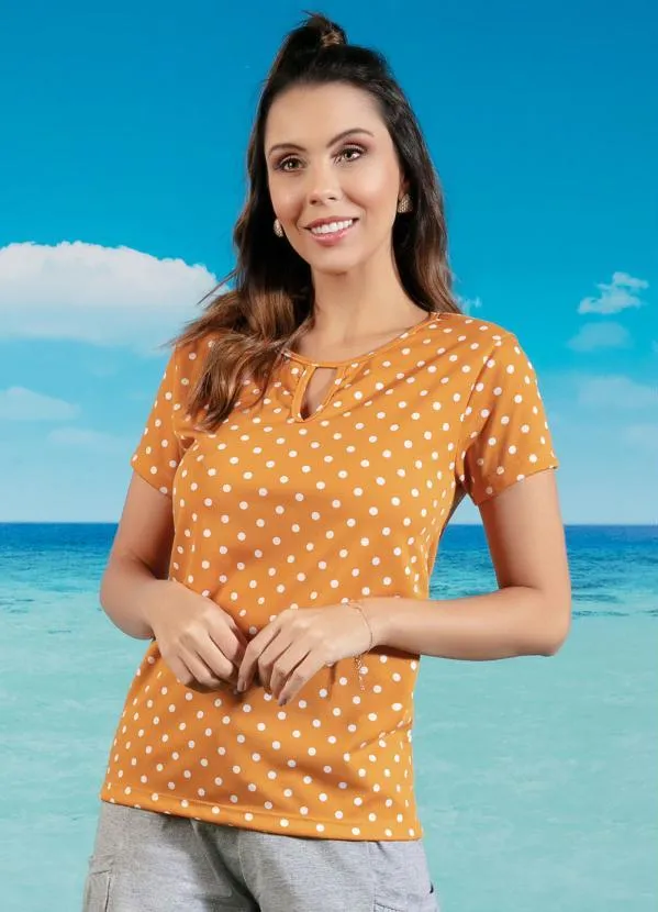 Moda Pop - Blusa Manga Curta Poá Caramelo com Gota