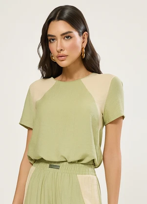 Naguchi - Blusa Manga Curta Recorte Bicolor Verde Safari - NAGUCHI