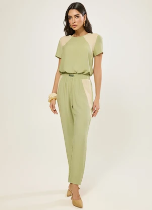 Naguchi - Blusa Manga Curta Recorte Bicolor Verde Safari - NAGUCHI