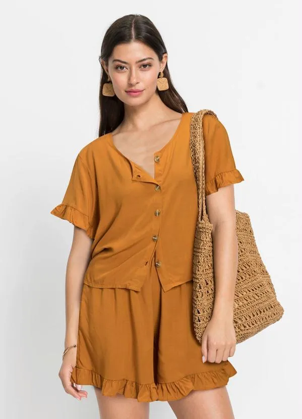 bonprix - Blusa Mangas com Babado Caramelo