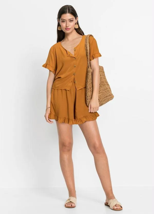 bonprix - Blusa Mangas com Babado Caramelo 2