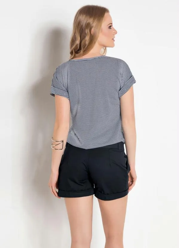 Moda Pop - Blusa Mangas com Punho Dobrado Listras 5