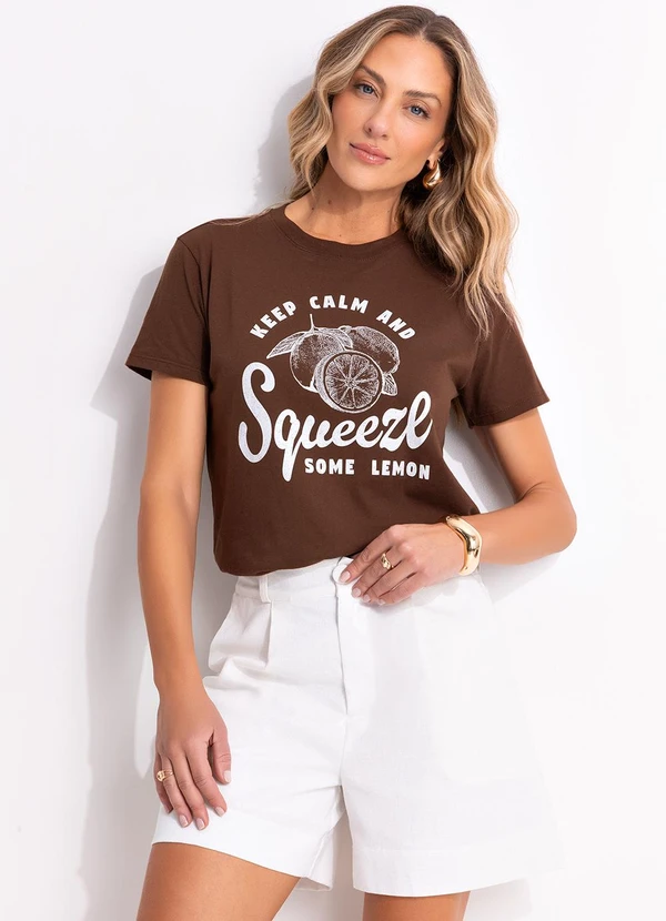 Quintess - Blusa Marrom em Malha de Algodão Penteado