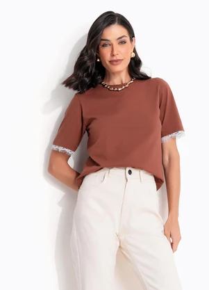 Quintess - Blusa Marrom em Malha de Algodão - QUINTESS