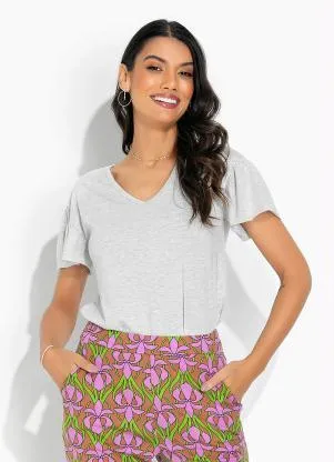 Moda Pop - Blusa Mescla BananaCom Decote V e Babado na Cava - MODA POP