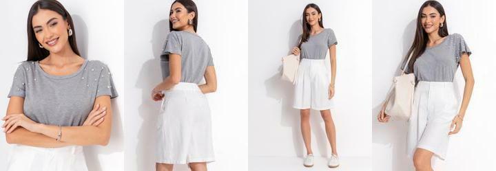 Blusa Mescla Cinza em Malha de Viscose com P�rolas Aplicadas