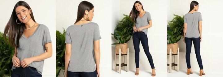 Blusa Mescla com Decote V e Bolso Frontal