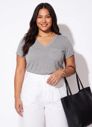 Quintess - Blusa Mescla com Decote V e Bolso Frontal - QUINTESS