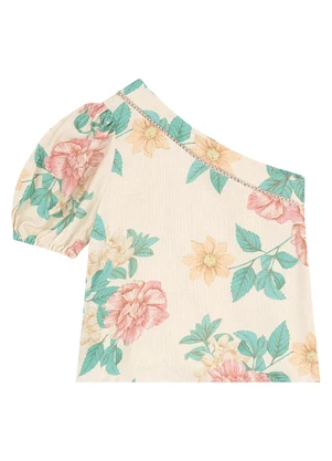 Malwee - Blusa Off White Ampla Floral Maquinetada - MALWEE